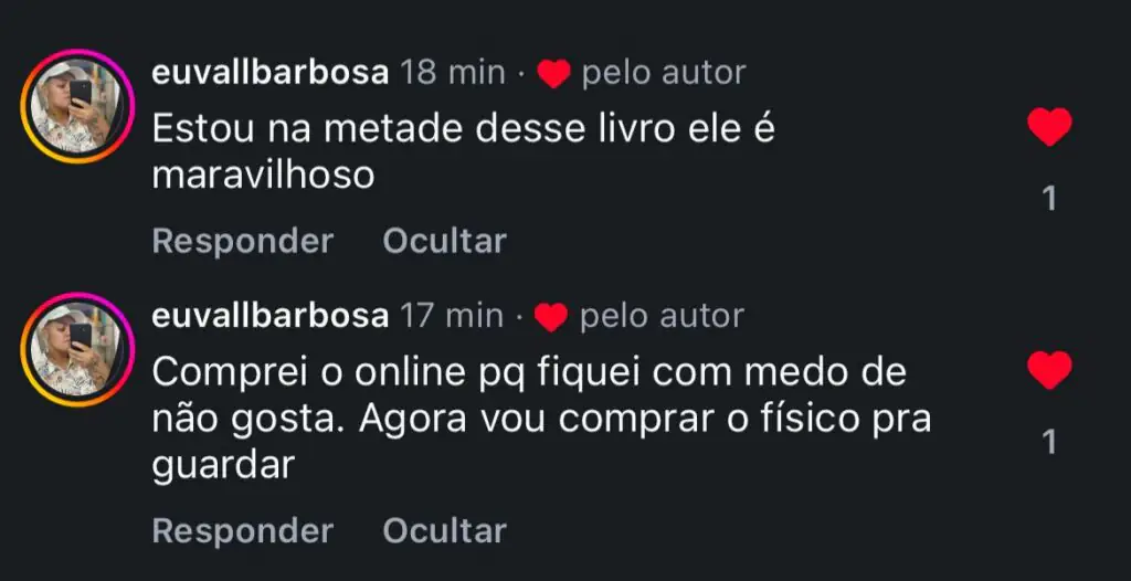 Comentários de leitora no Instagram