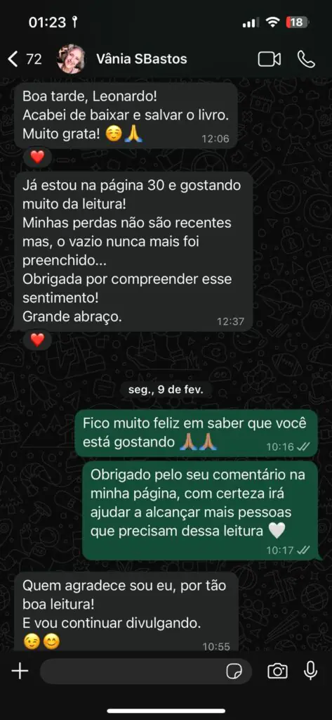 Mensagem de leitora no WhatsApp sobre a leitura