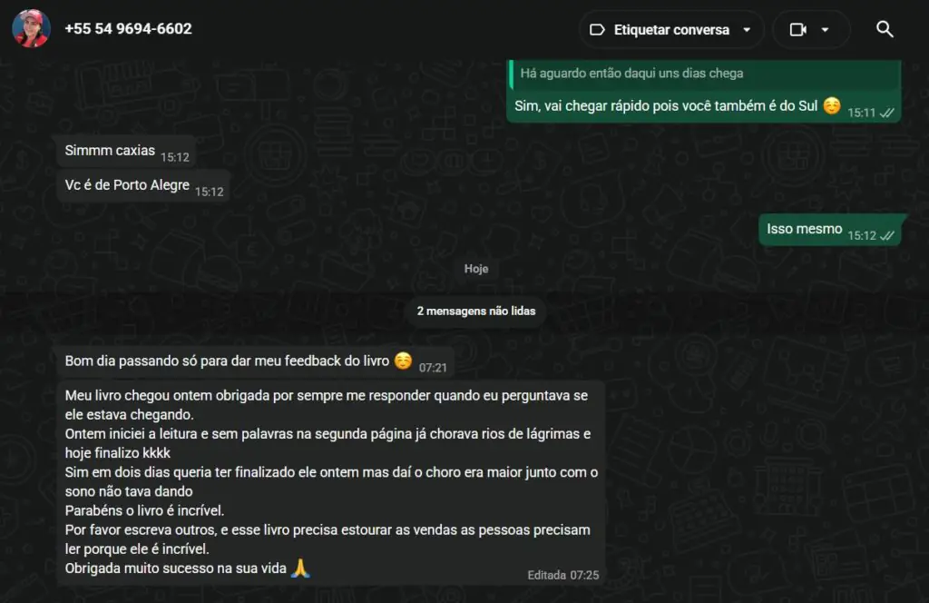 Feedback de leitora que recebeu o livro