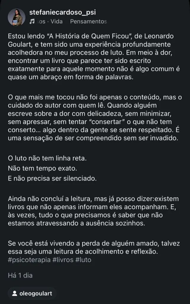 Depoimento de leitora no Instagram sobre o livro